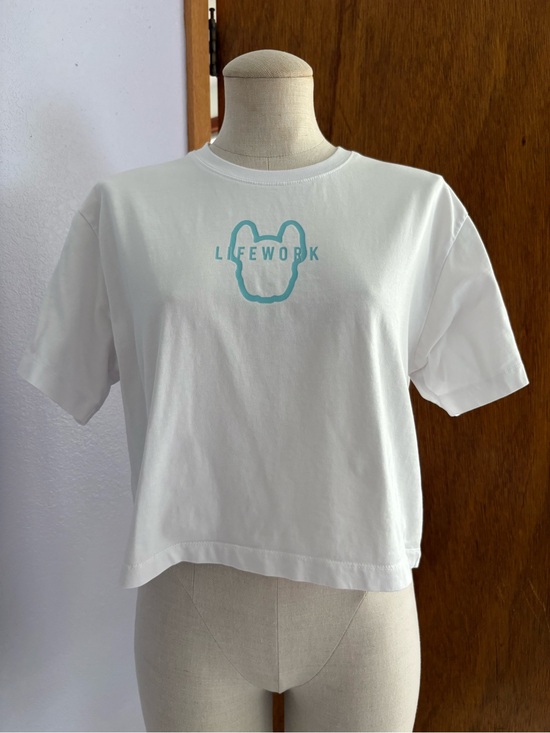 Lifework Tops - LIFEWORK Korea sz S White Crop Tee Teal French Bulldog Frenchie Tshirt